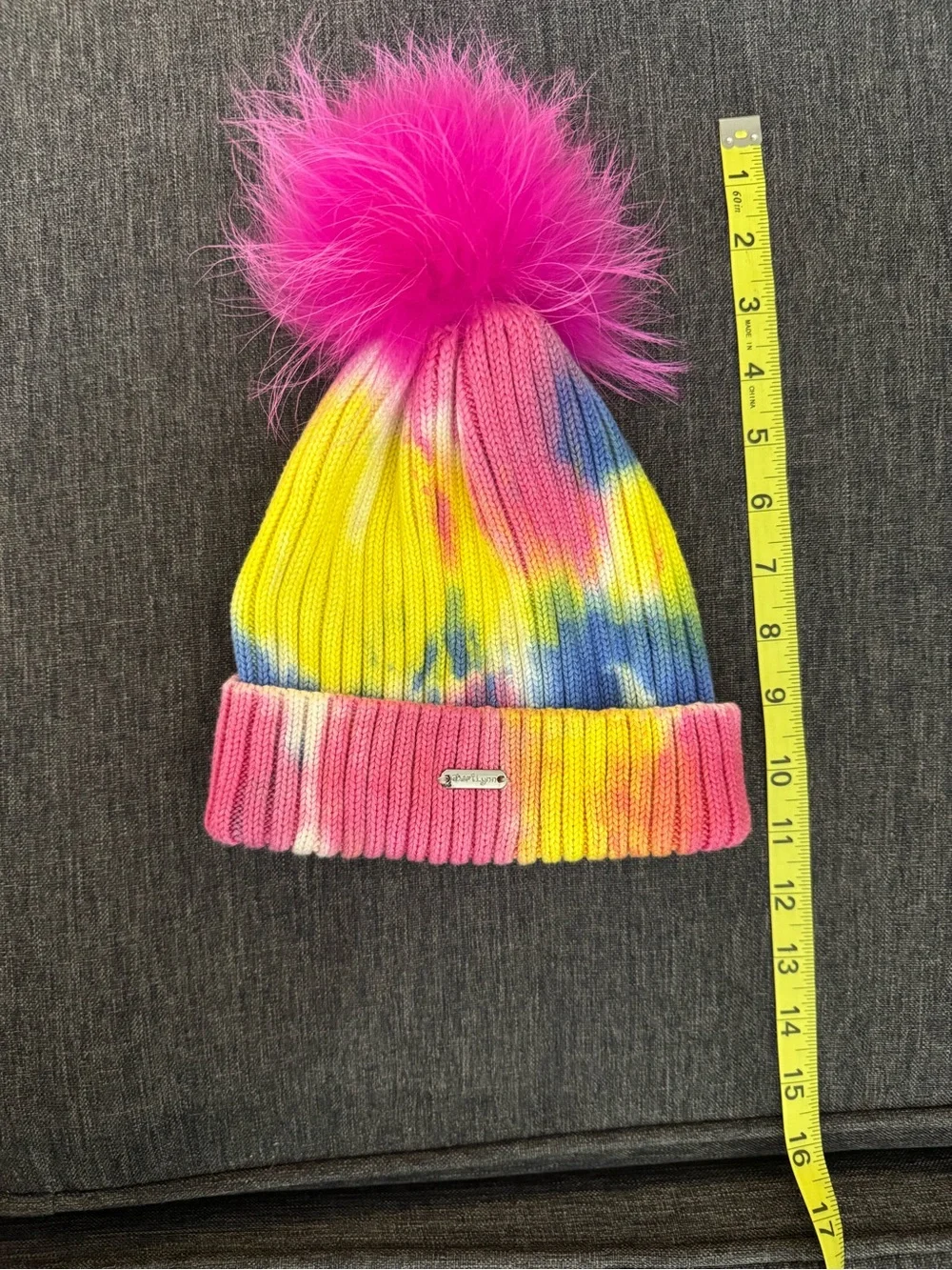 BARI LYNN  Girl's Rib Knit Tie-Dye Beanie with Faux  Fur Pompom